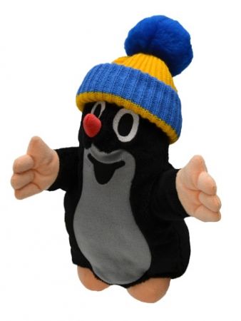 Krtek 28 cm, klasický design, modro-žlutý kulich, maňásek, plyšová hračka