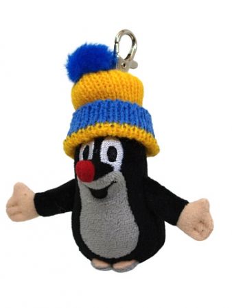 Krtek 10 cm, kulich modro-žlutý, plyšový přívěsek na karabince