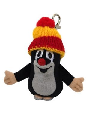 Krtek 10 cm, kulich červeno-žlutý, plyšový přívěsek na karabince