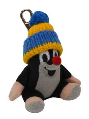 Krtek 9 cm sedící, kulich modro-žlutý, plyšový přívěsek na karabince