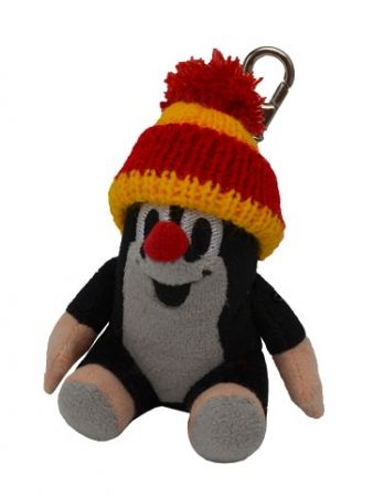 Krtek 9 cm sedící, kulich červeno-žlutý, plyšový přívěsek na karabince