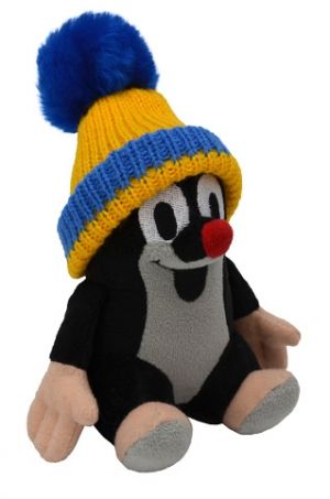 Krtek 14 cm sedící, kulich modro-žlutý, plyšová hračka