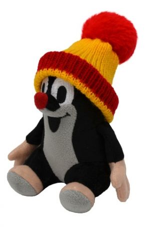 Krtek 14 cm sedící, kulich červeno-žlutý, plyšová hračka