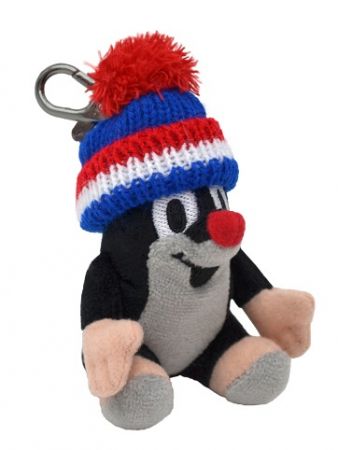 Krtek 9 cm sedící, kulich modrý-trilokora, plyšový přívěsek na karabince