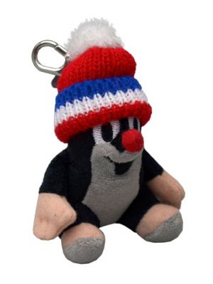 Krtek 9 cm sedící, kulich červený-trikolora, plyšový přívěsek na karabince