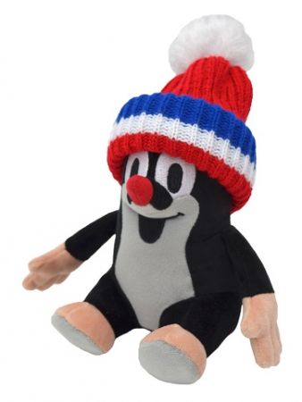 Krtek 20 cm sedící, kulich červený-trikolora, plyšová hračka