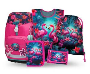 BAAGL SET 5 Airy Plus Plameňáci: batoh, penál, sáček, zástěra, peněženka