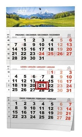 Kalendář nástěnný - Tříměsíční - A3 (s mezinárodními svátky) - černý - Příroda 2027, 29,2c