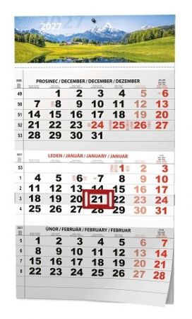 Kalendář nástěnný - Tříměsíční - A3 (s mezinárodními svátky) - černý - Příroda 2027, 29,2c