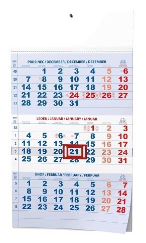 Kalendář nástěnný - Tříměsíční - A3 (s mezinárodními svátky) - modrý 2027, 29,2cm x 42cm, 