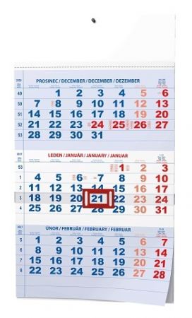 Kalendář nástěnný - Tříměsíční - A3 (s mezinárodními svátky) - modrý 2027, 29,2cm x 42cm, 