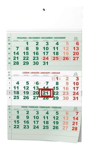 Kalendář nástěnný - Tříměsíční - A3 (s mezinárodními svátky) - zelený 2027, 29,2cm x 42cm,