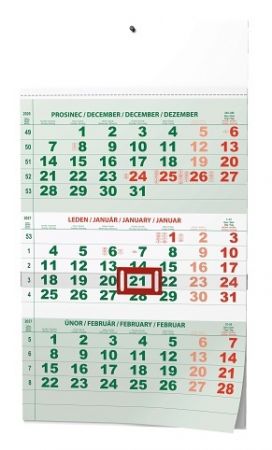 Kalendář nástěnný - Tříměsíční - A3 (s mezinárodními svátky) - zelený 2027, 29,2cm x 42cm,