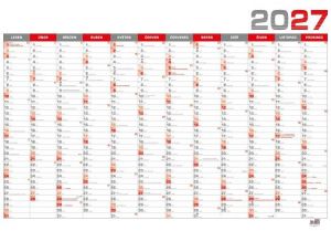 Kalendář nástěnný roční B1 - červený 2027, 96,4cm x 67cm, BKA5-27