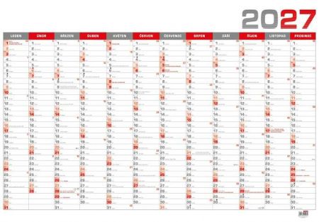 Kalendář nástěnný roční B1 - červený 2027, 96,4cm x 67cm, BKA5-27