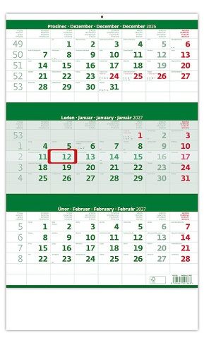 Kalendář nástěnný Tříměsíční zelený 2027, 31,5cm x 45cm, N206-27