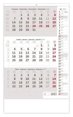 Kalendář nástěnný Tříměsíční šedý s poznámkami 2027, 31,5cm x 45cm, N210-27