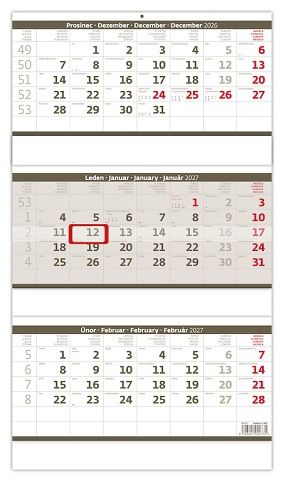 Kalendář nástěnný Tříměsíční skládaný šedý 2027, 31,5cm x 55,5cm, N207-27