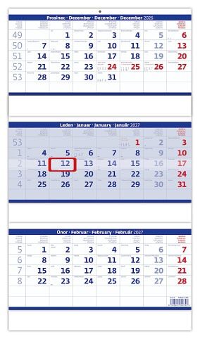 Kalendář nástěnný Tříměsíční skládaný modrý 2027, 31,5cm x 55,5cm, N208-27