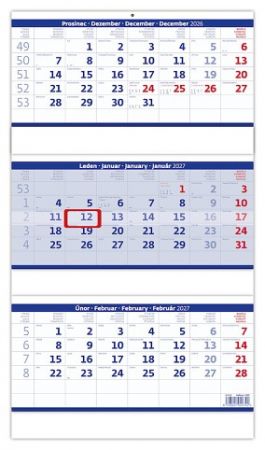 Kalendář nástěnný Tříměsíční skládaný modrý 2027, 31,5cm x 55,5cm, N208-27