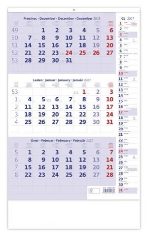 Kalendář nástěnný Tříměsíční modrý s poznámkami 2027, 31,5cm x 45cm, N211-27
