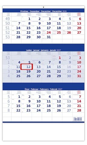 Kalendář nástěnný Tříměsíční modrý 2027, 31,5cm x 45cm, N205-27