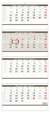 Kalendář nástěnný Čtyřměsíční skládaný šedý 2027, 31,5cm x 74cm, N209-27