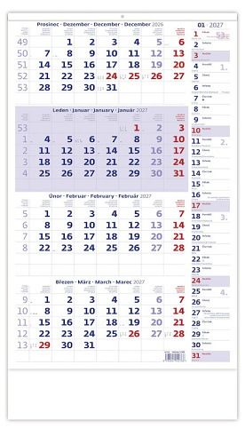 Kalendář nástěnný Čtyřměsíční modrý s poznámkami 2027, 31,5cm x 49cm, N214-27