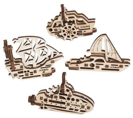 Ugears 3D dřevěné mechanické puzzle 4 mechanické přívěšky Plavidla