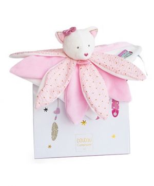 Doudou Dárková sada - plyšový muchláček růžová kočka 26 cm