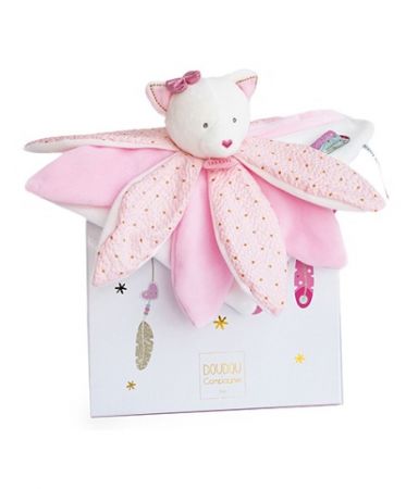 Doudou Dárková sada - plyšový muchláček růžová kočka 26 cm