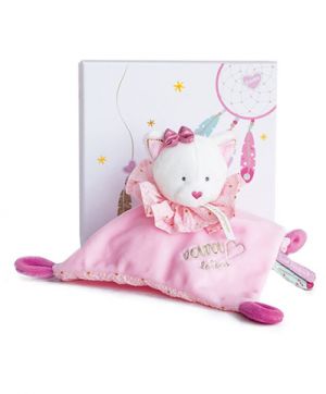 Doudou Dárková sada - plyšový muchláček růžová kočka 20 cm