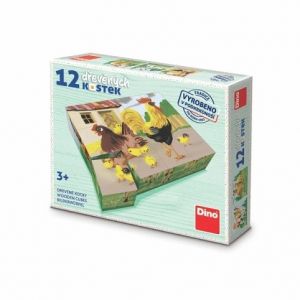 Dino Dřevěné obrázkové kostky Domáčí zvířátka retro 12 kostek