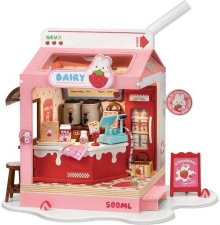 RoboTime 3D dřevěná skládačka Miniatura domečku Mléčný bar Strawberry