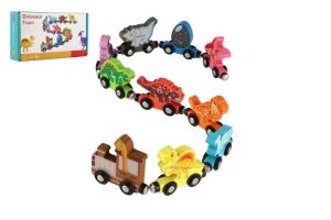 Vlak/Vláček s vagóny dinosaurus na magnety 10ks dřevo v krabičce 20x11cm