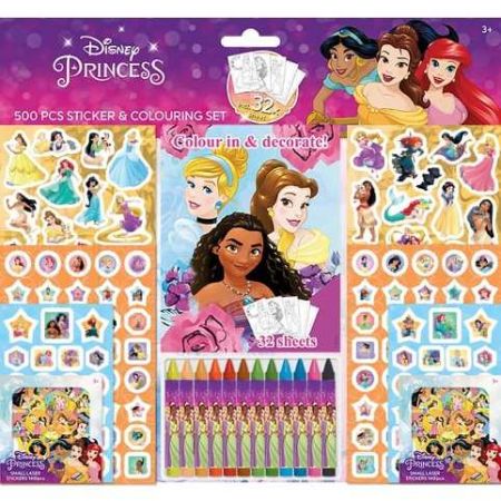 Samolepkový set s omalovánkami a voskovkami 500ks Disney Princezny
