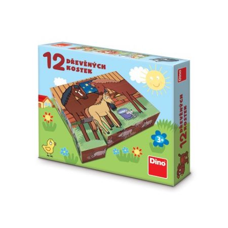 DINO Dřevěné lic. kostky Domácí zvířátka – 12 kostek