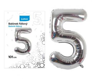 Balónek fóliový č. 5 STŘÍBRNÝ 101cm LUMA
