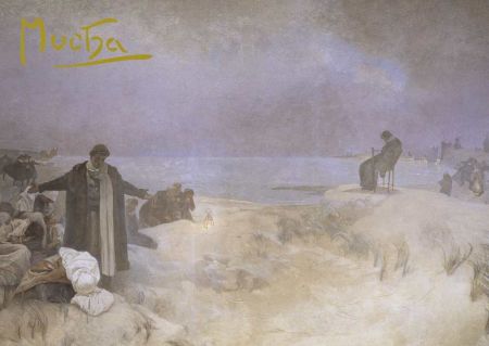 Pohled Alfons Mucha Slovanská epopej – Jan Amos Komenský, krátký