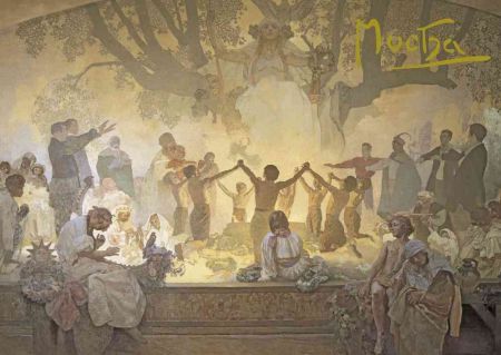 Pohled Alfons Mucha Slovanská epopej – Přísaha Omladiny, krátký