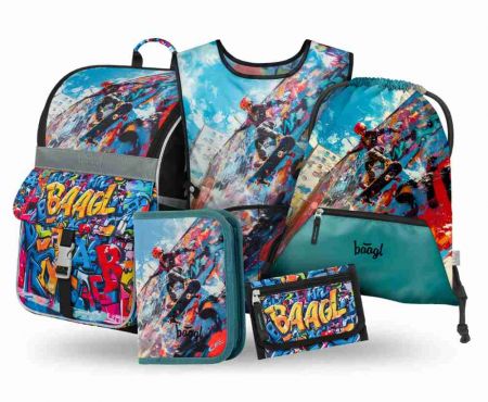 BAAGL SET 5 Zippy Skatepark: aktovka, penál, sáček, zástěra, peněženka