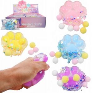 Squishy tlapka Mačkací antistresová tlapka s kuličkami a třpytkami