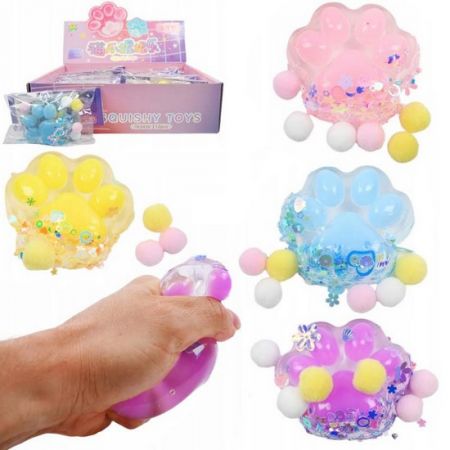 Squishy tlapka Mačkací antistresová tlapka s kuličkami a třpytkami