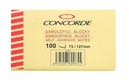 Samolepicí bloček CONCORDE 75x127mm, 100l., žlutá