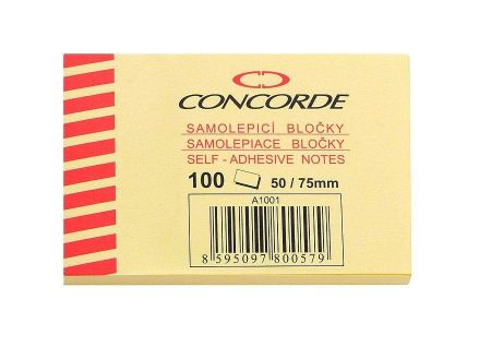 Samolepicí bloček CONCORDE 50x75mm, 100l., žlutý