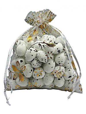 Organza sáček bílý se zlatými květy A6 15 × 12 cm