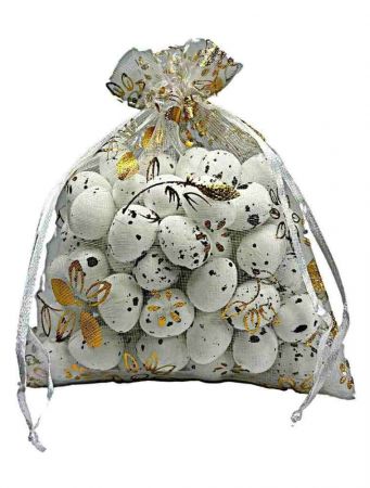 Organza sáček bílý se zlatými květy A6 15 × 12 cm