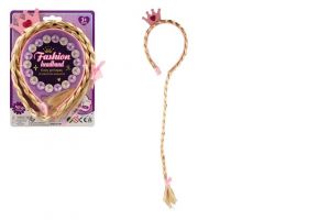 Sada krásy čelenka s copem 65cm plast růžová na kartě 14,5x20cm karneval
