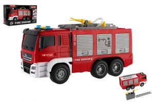 Auto hasičské plast 25cm na setrvačník na baterie se světlem se zvukem v krabici 31x19cm