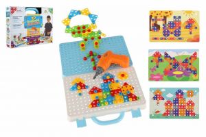 Stavebnice 3D šroubovací plast kreativní kufřík s vrtačkou na baterie se šablonami v krabi